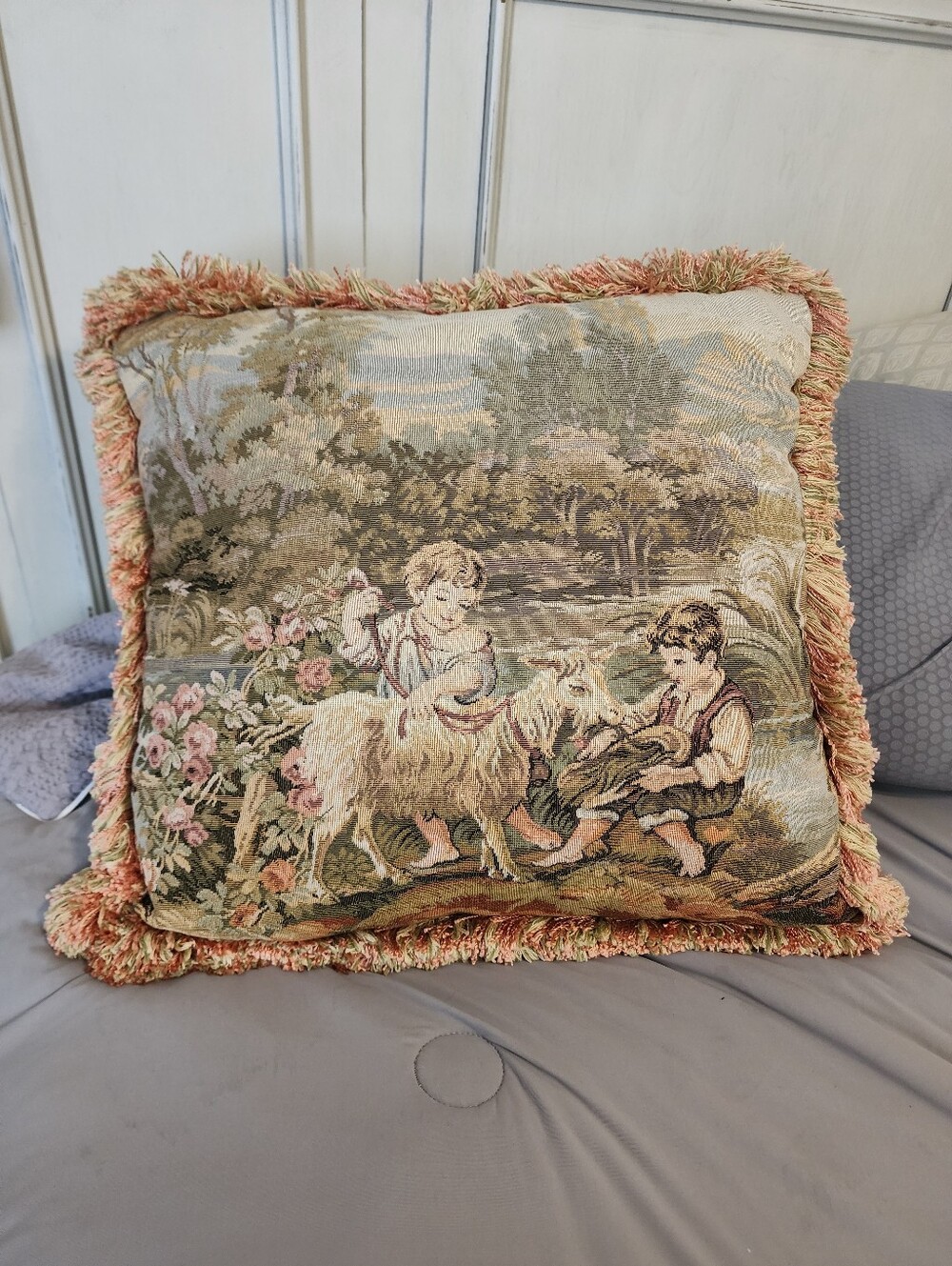Vintage Victorian Tapestry  19" Square Boy Girl Kids Goat Pillow